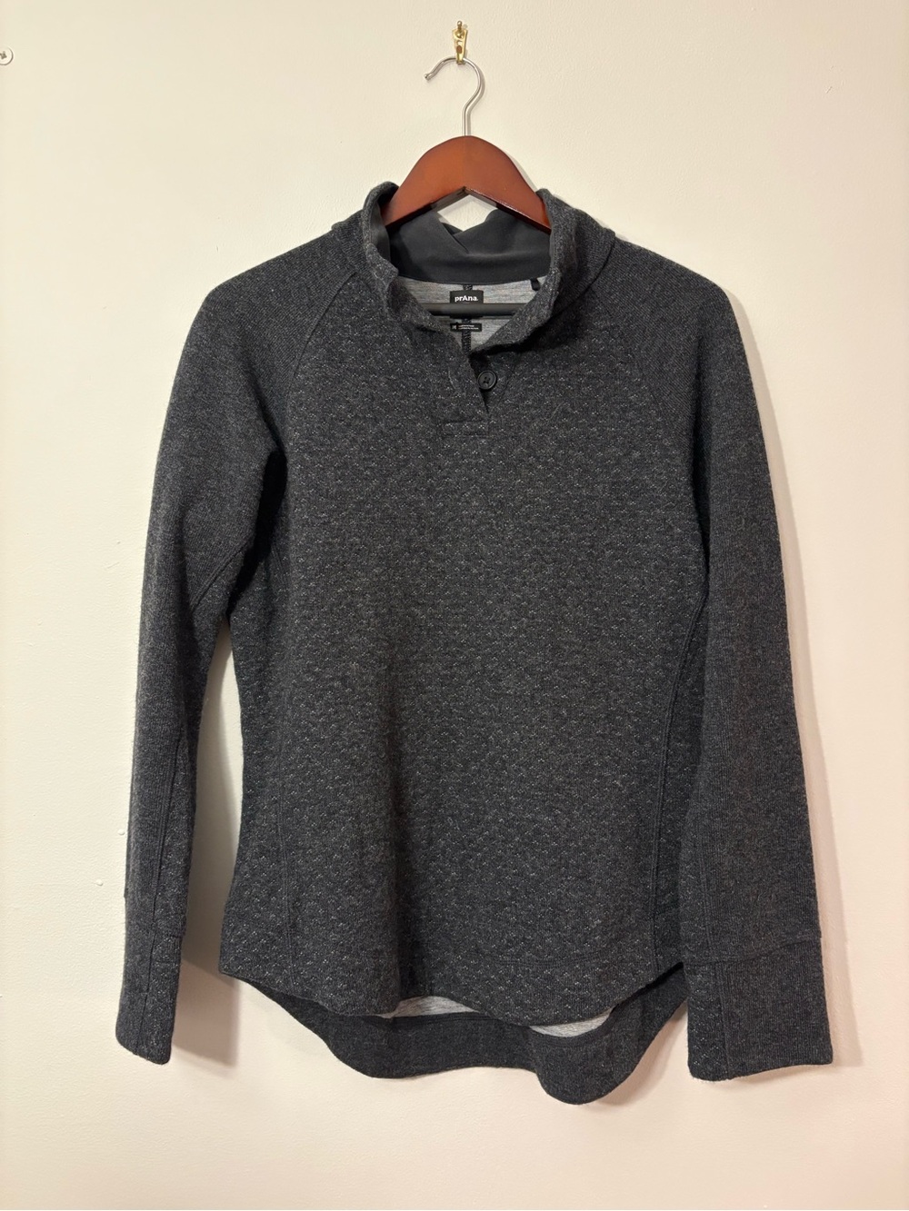 prAna Funnel Neck Button-Placket Sweater — Charcoal Gray — Size M 🍂